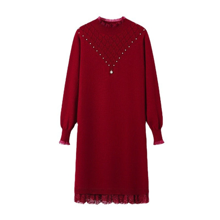 Knit dress for ladies with high collar and lace finish Lune London