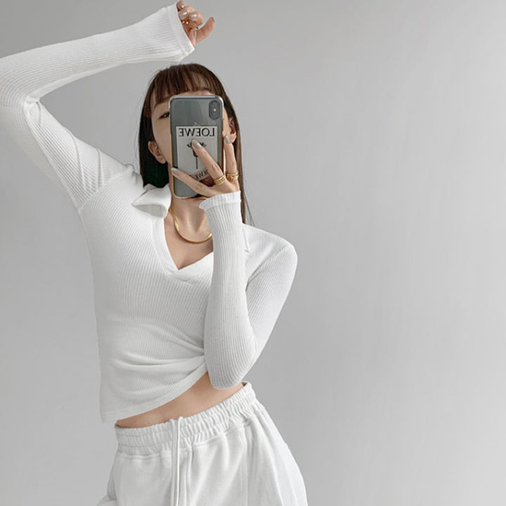 Women's Long Sleeve Top with V-Neck and Ribbed Texture Chic & Stil