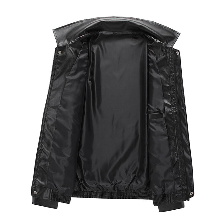 Fashionable synthetic leather jacket for men with large collar and practical pockets Lune London