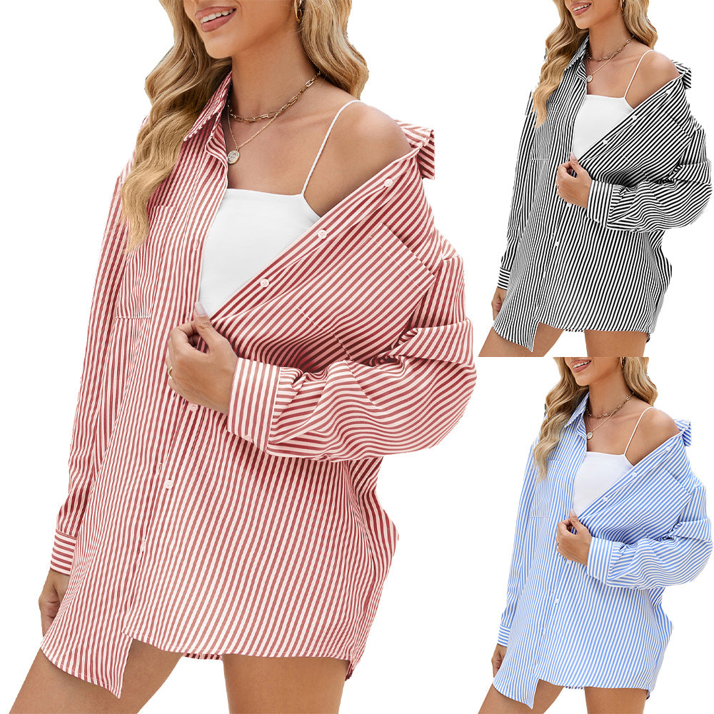 Casual oversized shirt for women with a subtle striped pattern and button details Lune London