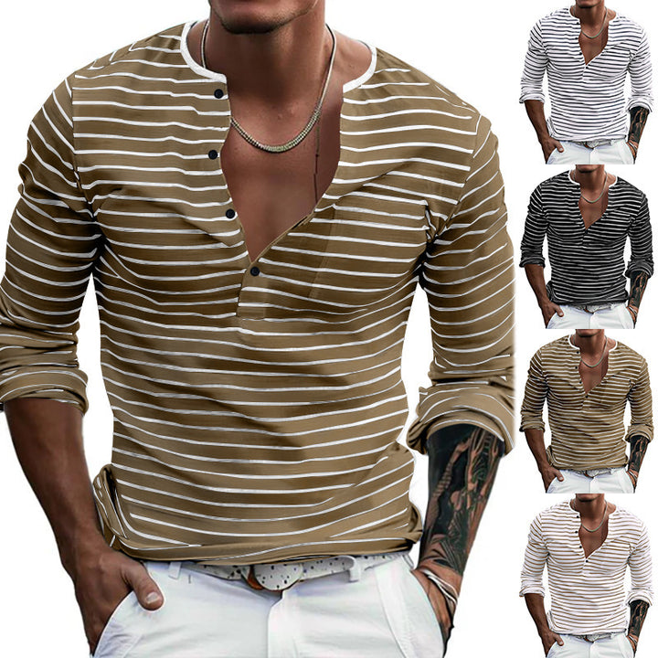 Striped long-sleeved shirt for men with button placket and V-neck Lune London