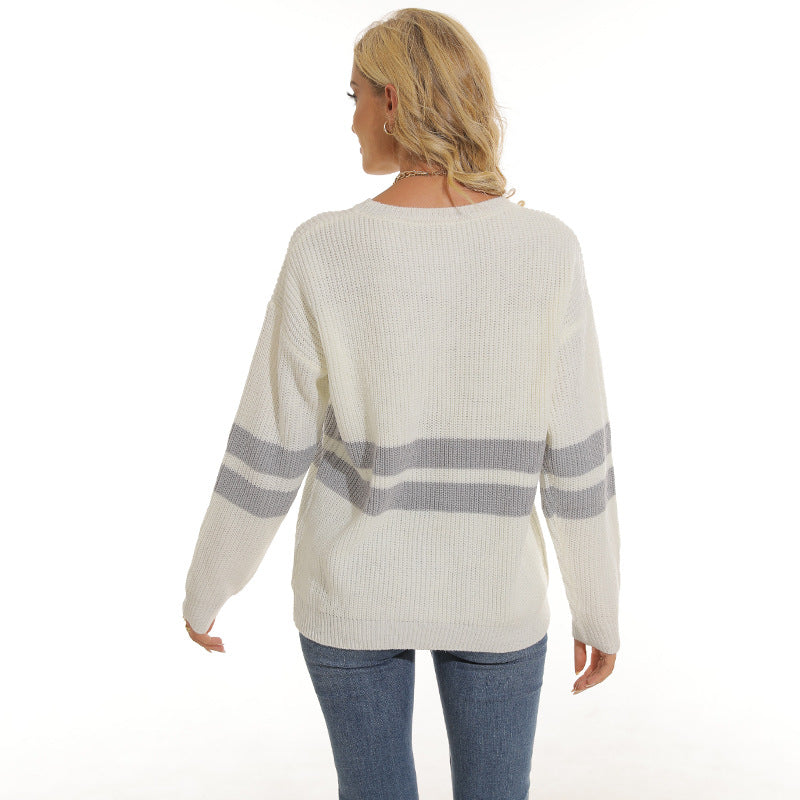 Chunky knit pullover for women with sporty striped pattern and relaxed fit Lune London