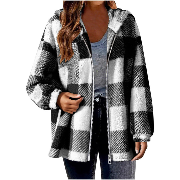 Fleece jacket for women with plaid pattern and hood Lune London