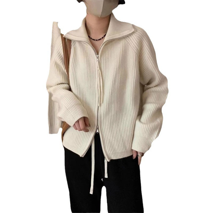 Knitted jacket for women with high collar embellishment and zipper Lune London