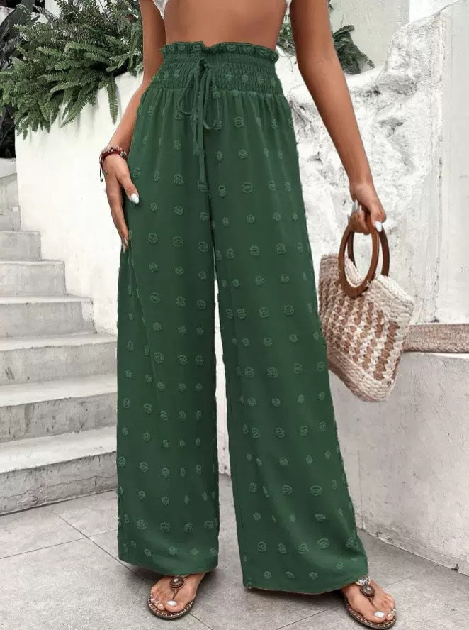 Wide palazzo pants for women with elastic waistband and decorative pattern Lune London