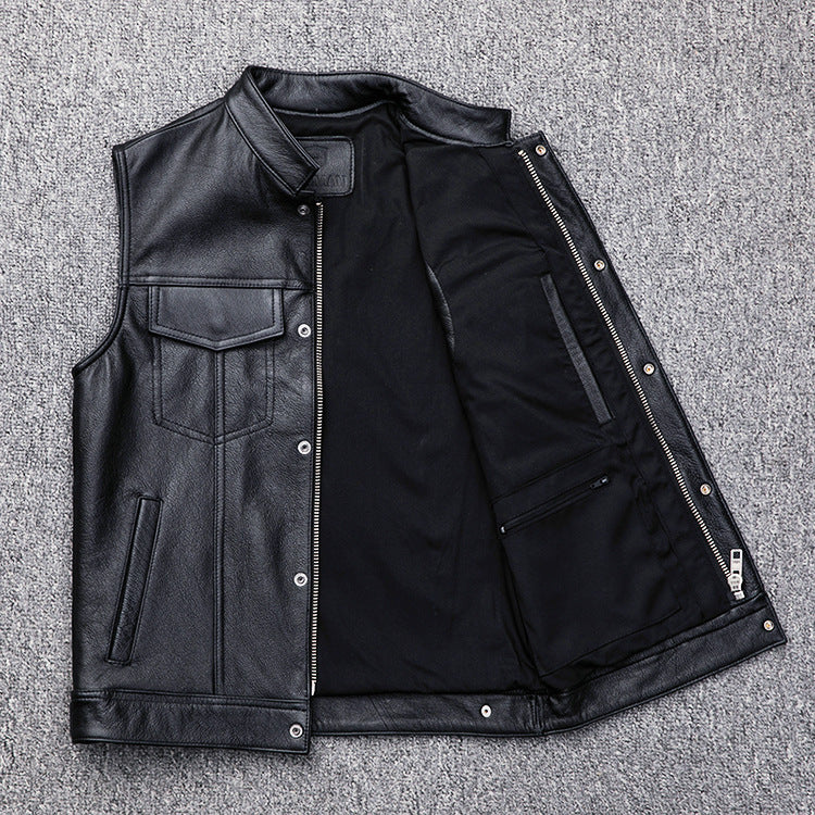 Leather gilet for men with bellows pockets and modern stand-up collar Lune London