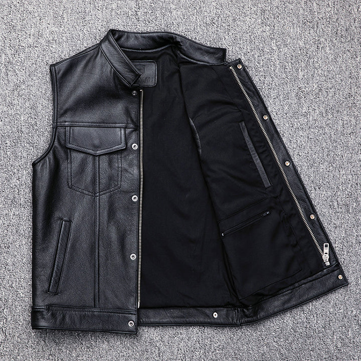 Leather gilet for men with bellows pockets and modern stand-up collar Lune London
