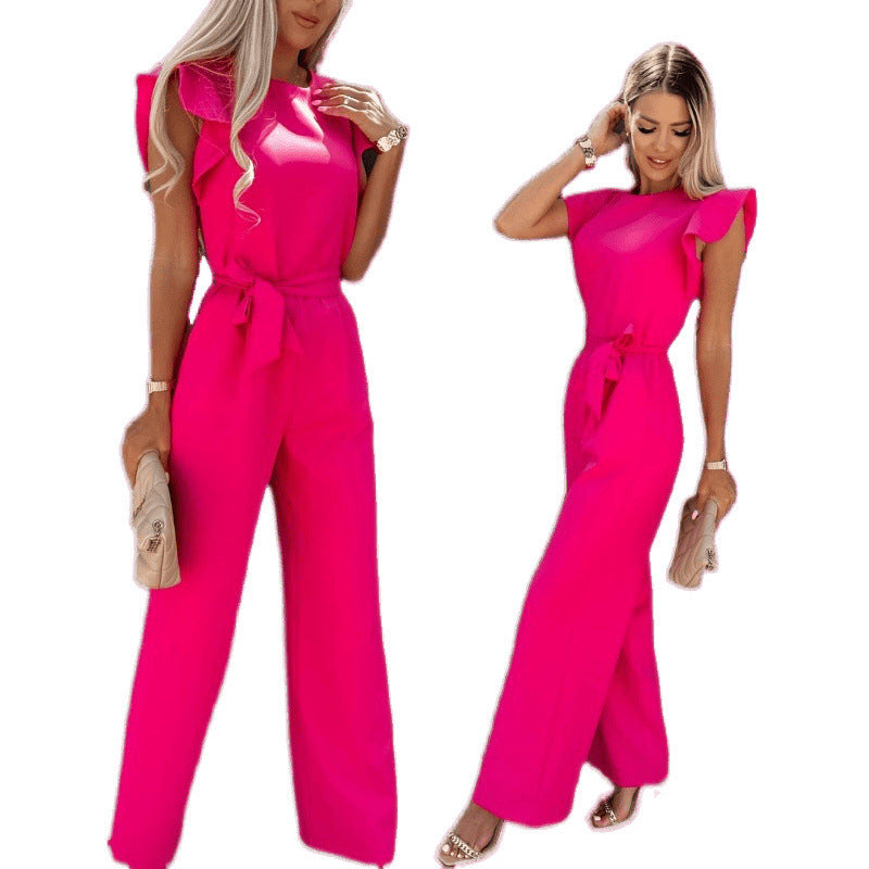 Women Fluid Wide Leg Jumpsuit with Ruffled Sleeves Lune London