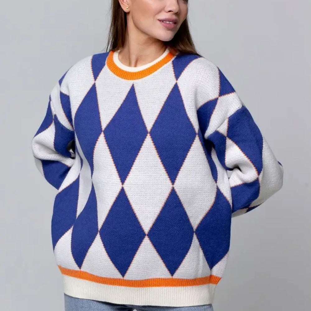 Pull en maille épaisse pour femmes avec motif en forme de diamant et accents de couleur vifs Chic & Stil