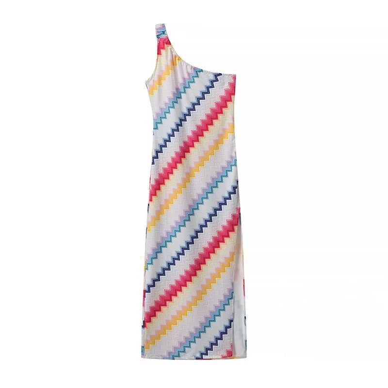 Maxi dress for women with asymmetrical neckline and bright zigzag pattern Lune London