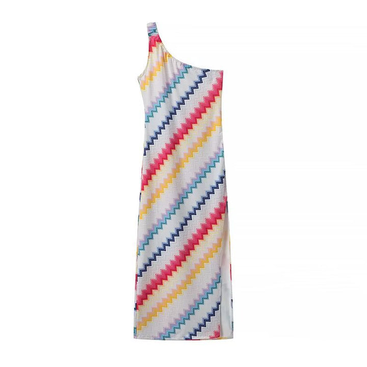 Maxi dress for women with asymmetrical neckline and bright zigzag pattern Lune London