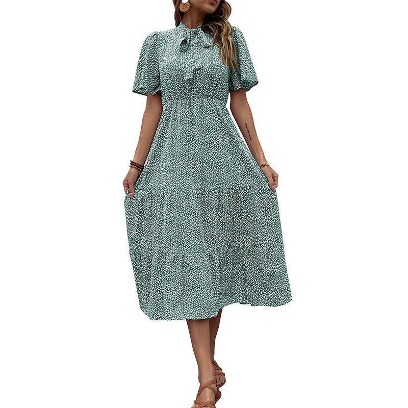 Maxi ruffled dress for women with bow collar Lune London