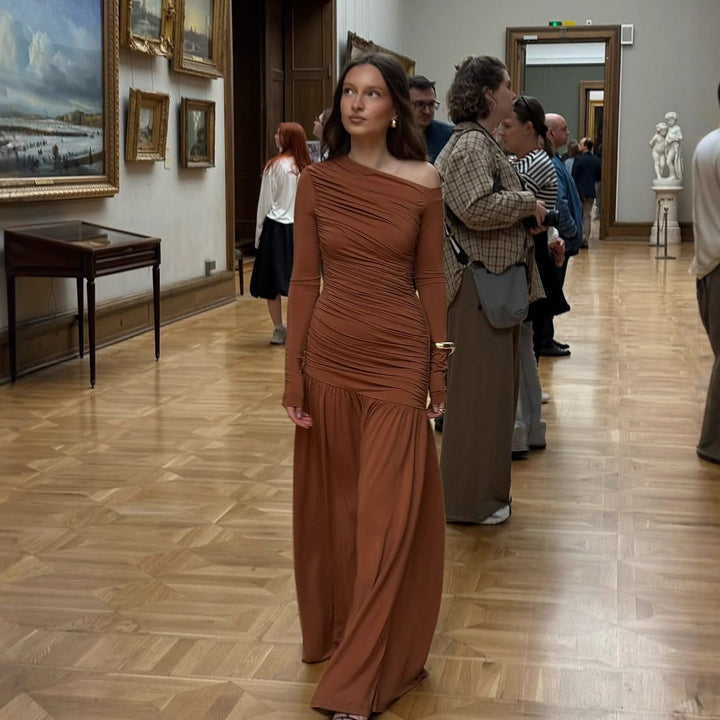 Elegant maxi dresses for women with asymmetric cut and ruching Lune London