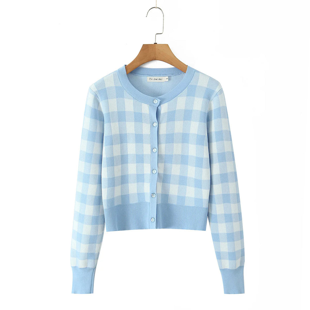 Ladies checked fashion cardigan with round collar and button closure Lune London
