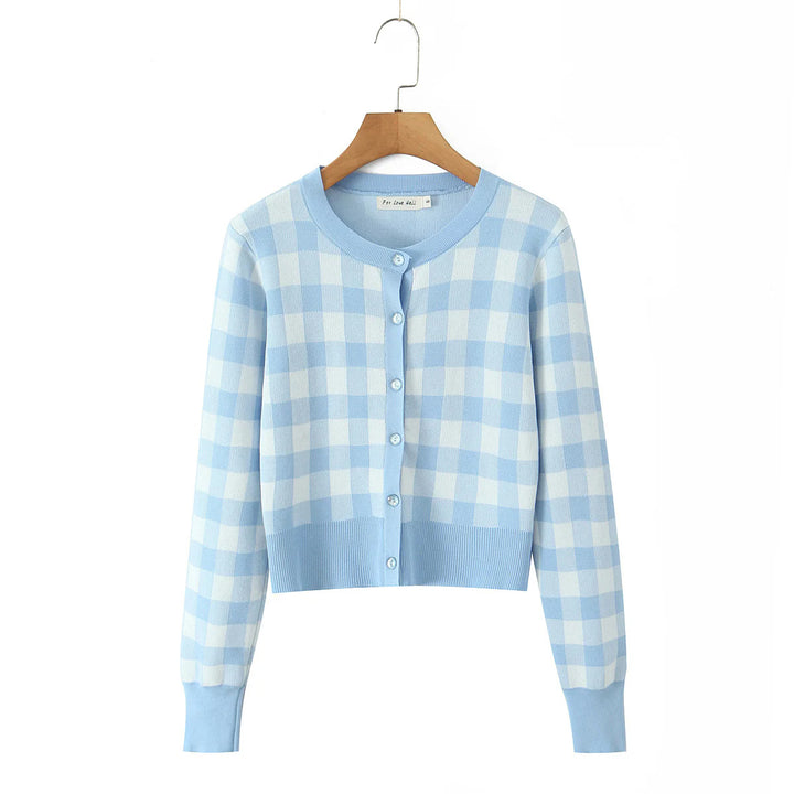 Ladies checked fashion cardigan with round collar and button closure Lune London
