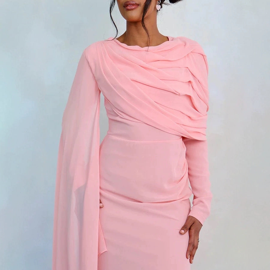 Women's Glamorous Long Sleeve Dress with Draped Top and Flowing Cut Lune London