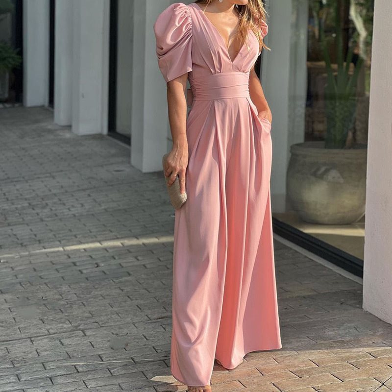 Elegant maxi dress for women with puff sleeves and a deep V-neck Lune London