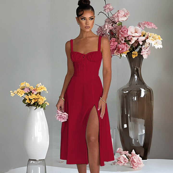 Elegant Midi Dress for Women with Deep V Neck and Chic & Stylish Refined Waist Element