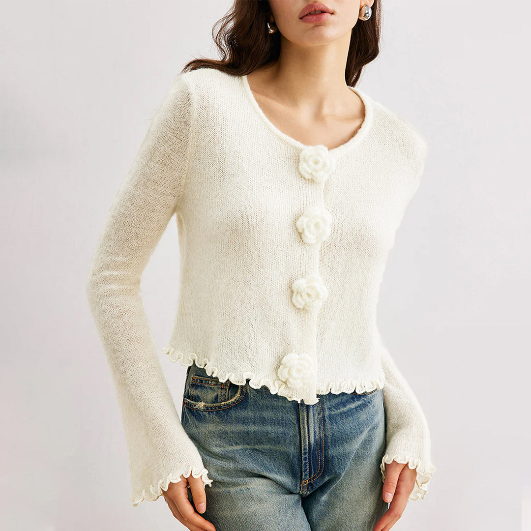 Ladies short knitted jacket with decorative floral button Lune London