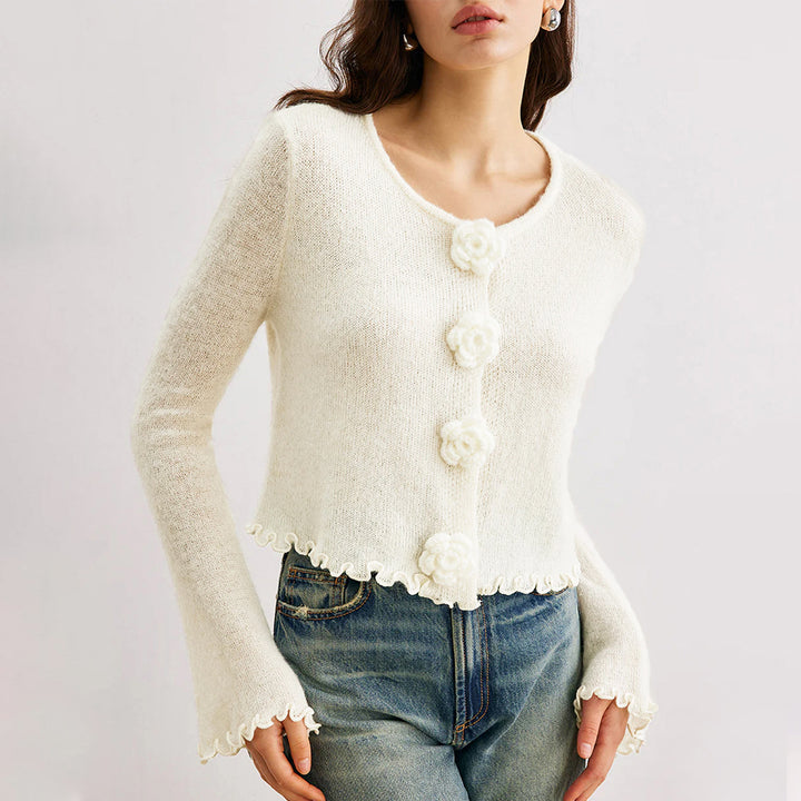 Ladies short knitted jacket with decorative floral button Lune London