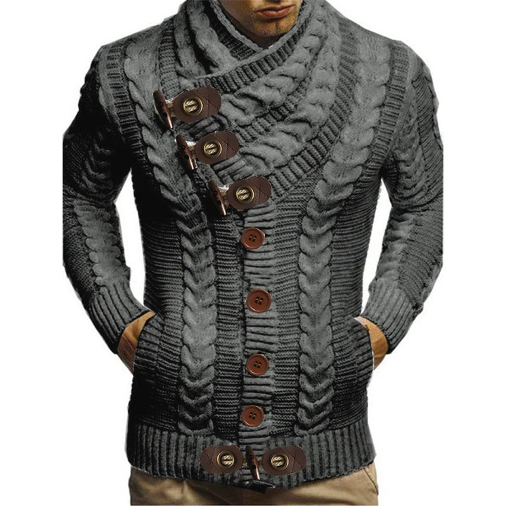 Men's chunky knit jacket with creative shawl collar and button details Lune London