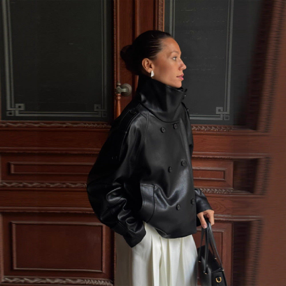 Plus size synthetic leather jacket for women with asymmetric lapels Lune London