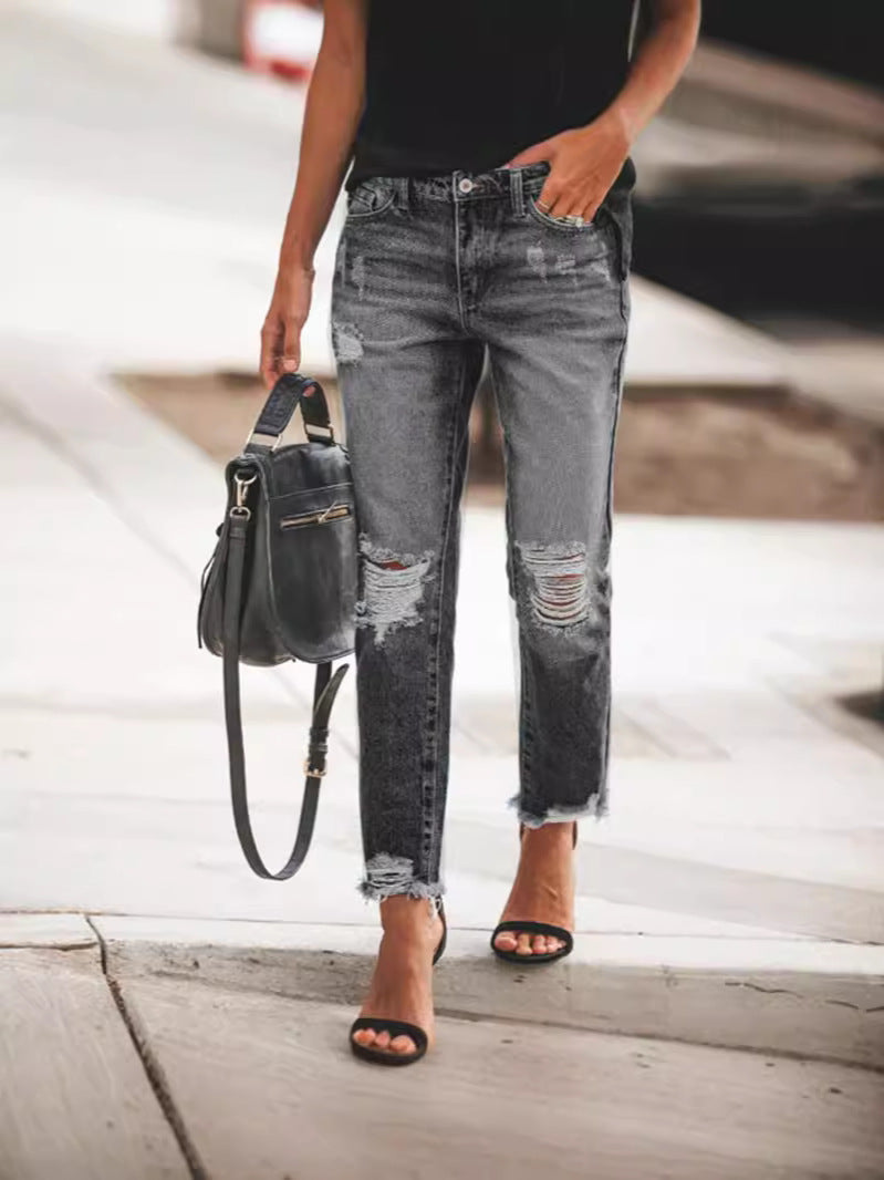 Women’s Ripped Denim Jeans with Casual Cut and Frayed Hem Lune London