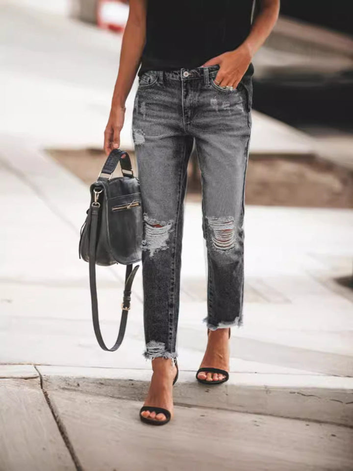 Women’s Ripped Denim Jeans with Casual Cut and Frayed Hem Lune London