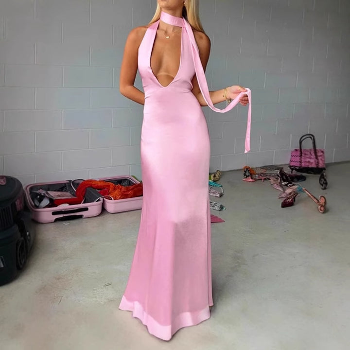 Elegant Maxi Dresses for Women with Deep V Neckline and Chic Narrow Tie Belt