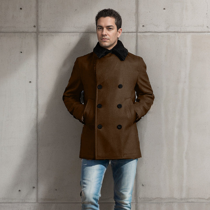 Double-breasted wool coat for men with faux fur collar Lune London