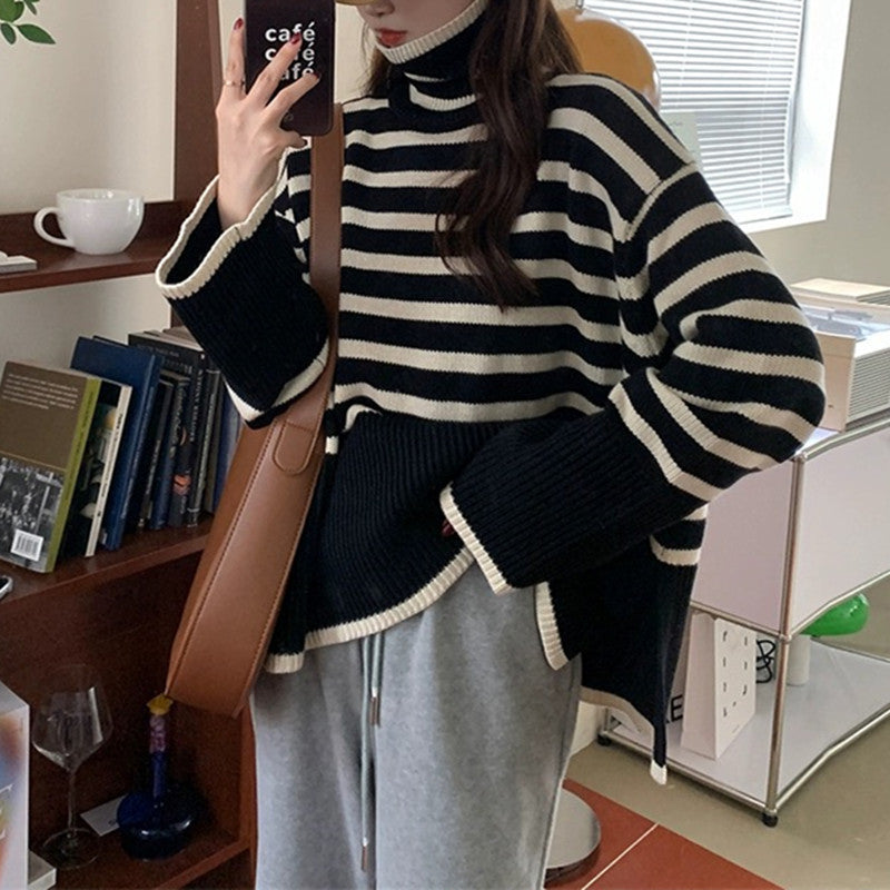 Casual high-neck sweater for women with chic striped pattern and style