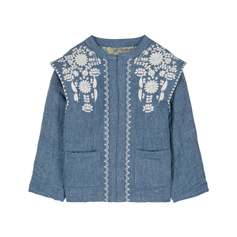 Ladies light embroidered transition jacket with practical pockets Lune London