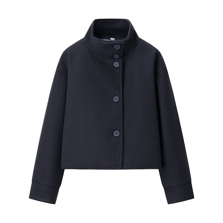 Trendy cropped transitional jacket for women with elegant high collar and practical button details Lune London