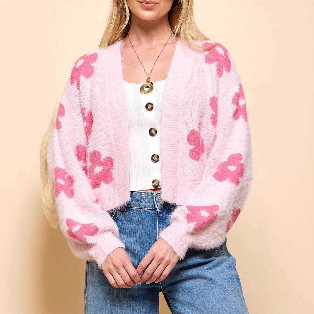 Ladies fluffy cardigan with floral pattern Lune London