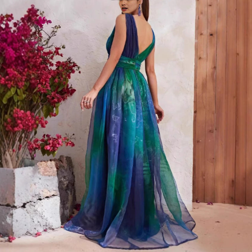 Women's Elegant Evening Dress with Shimmering Tulle Layers and Deep V-Neck