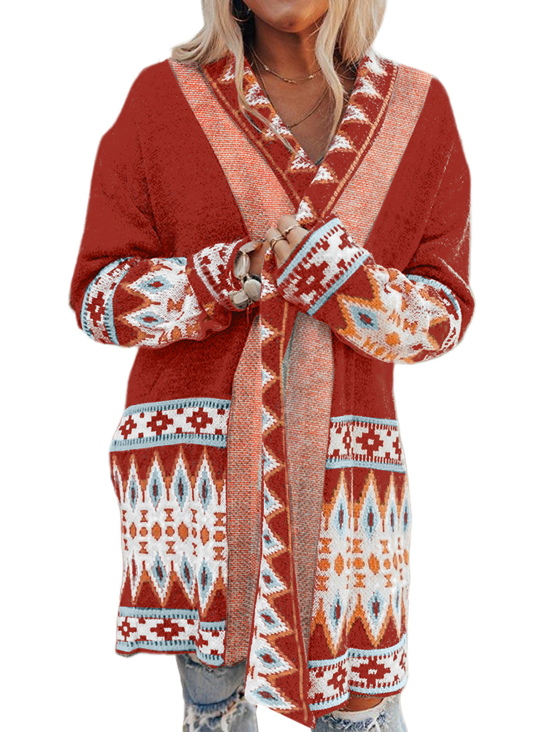 Cardigan pour femmes à manches longues avec motif géométrique et poches ouvertes Chic & Stil