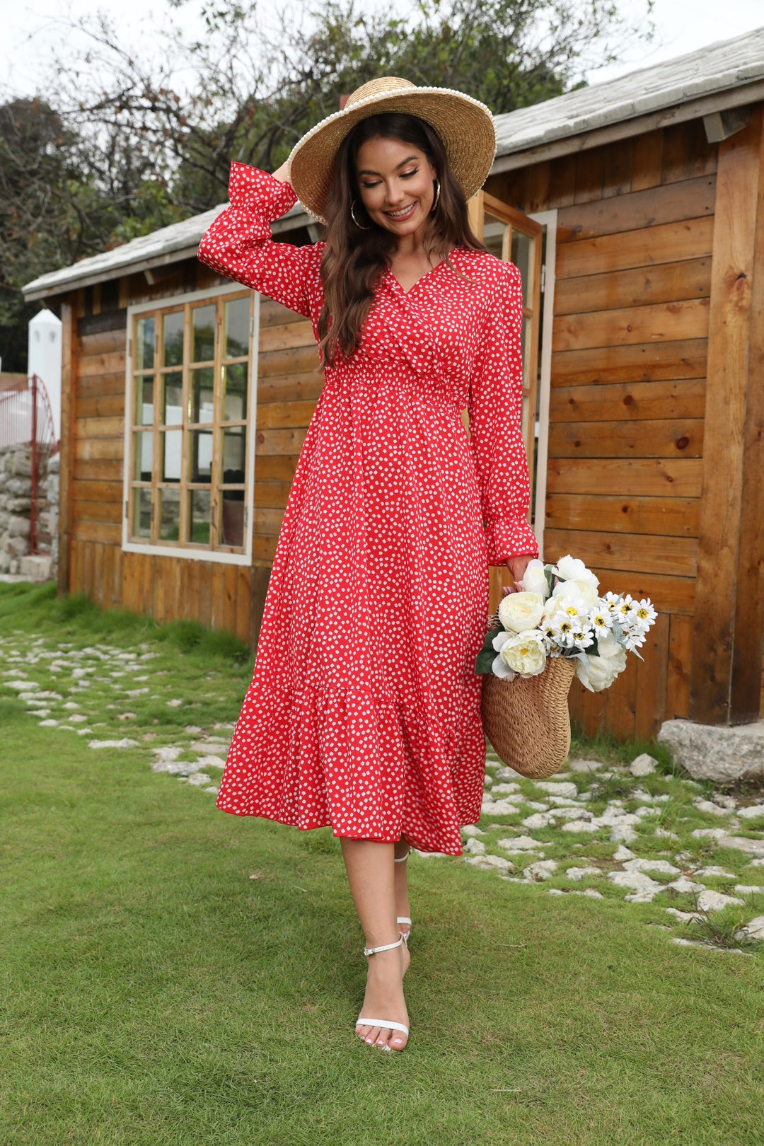 Midi dress women's with floral dots and a flared skirt Lune London