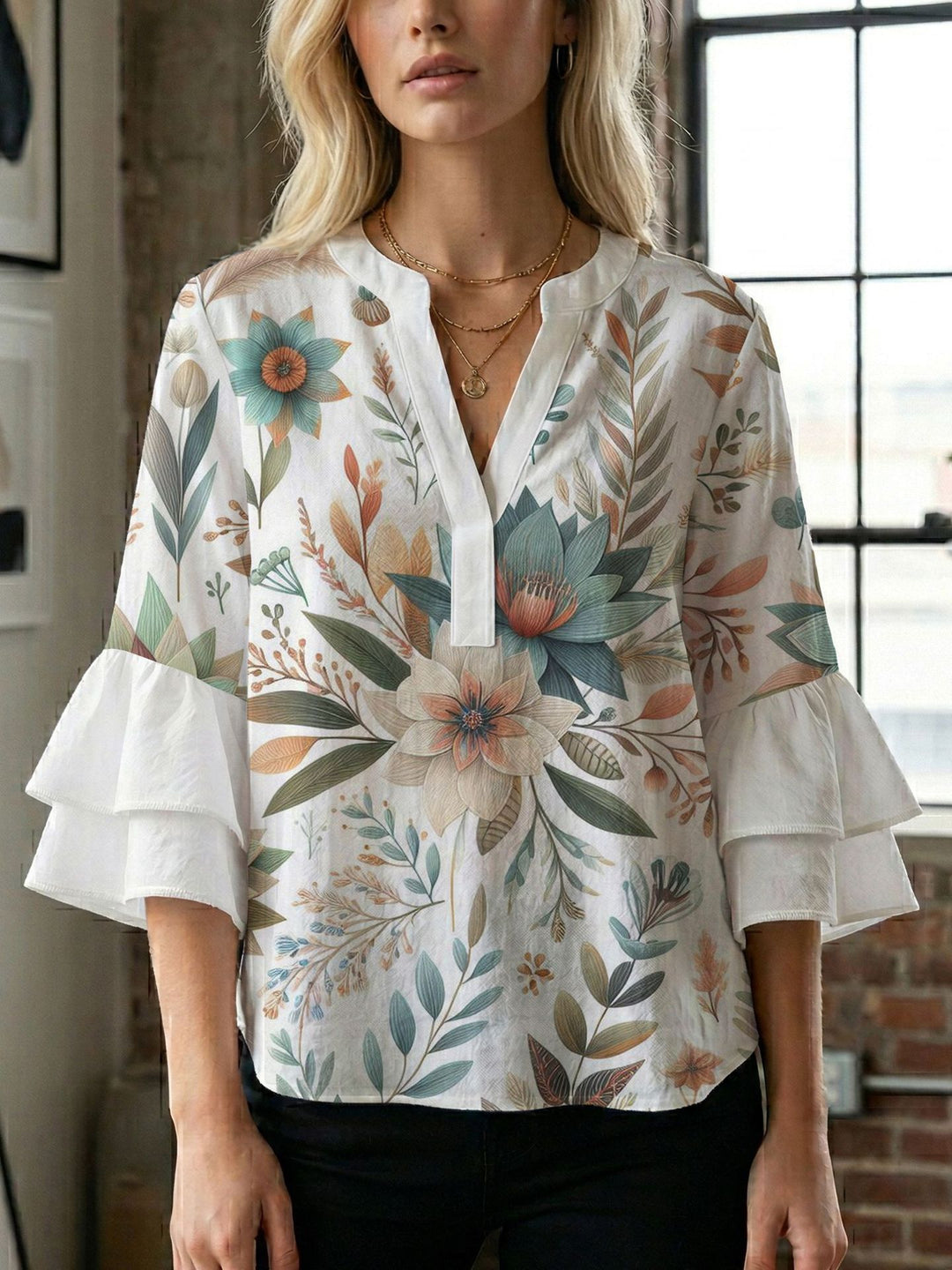 Women's blouse shirt with voluminous sleeves and creative print design Lune London