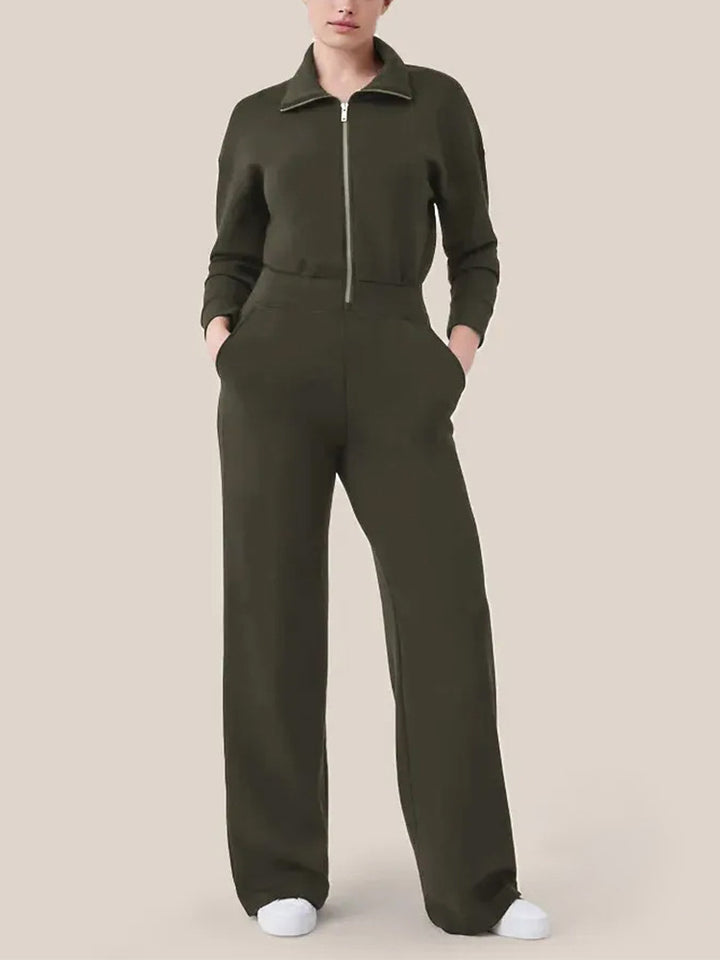 Ladies Luxurious Lounge Jumpsuit with elegant high collar and convenient zipper Lune London