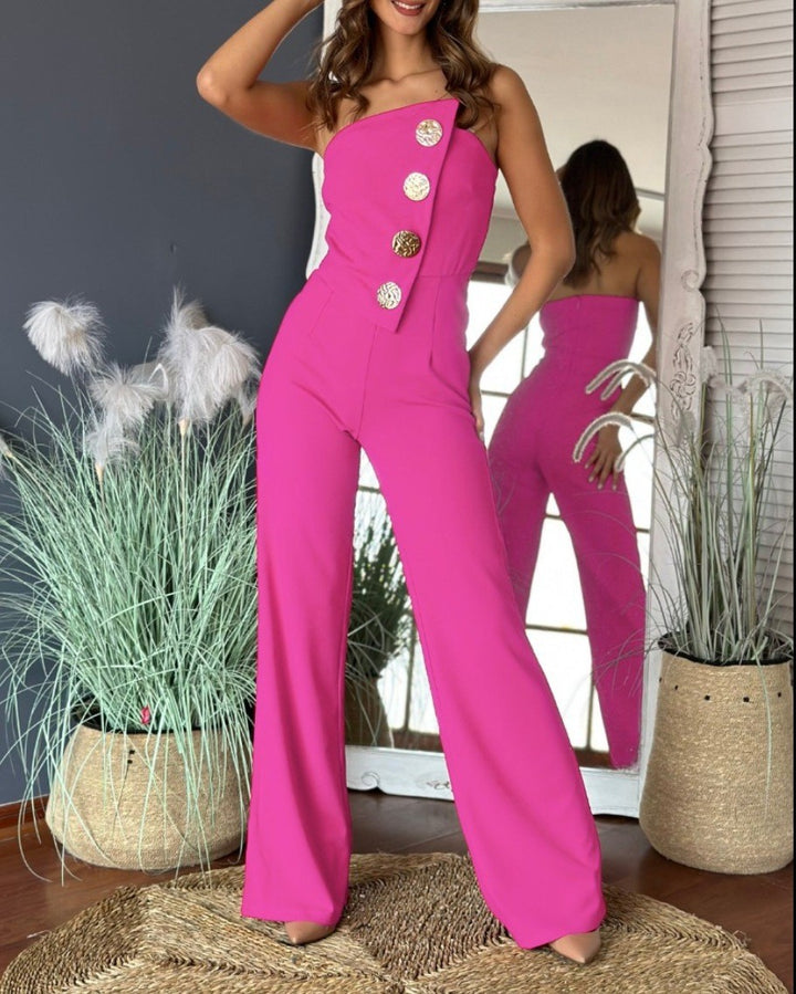 Ladies Elegant jumpsuit with off-shoulder design and decorative buttons Lune London