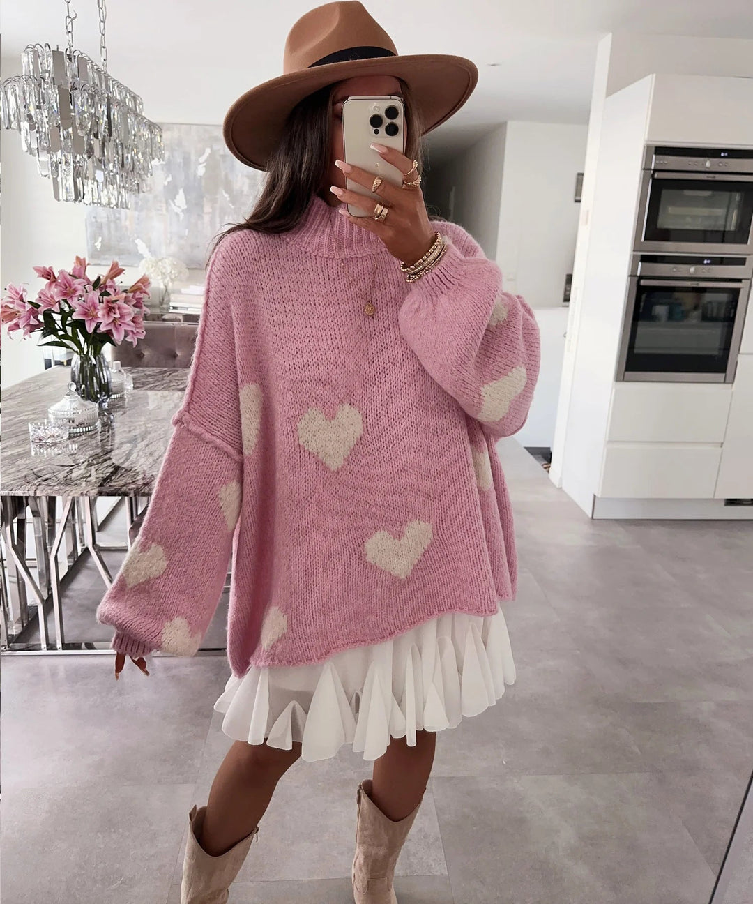Women’S Chunky Knitted Sweater with Heart Motifs and Casual Fit Lune London