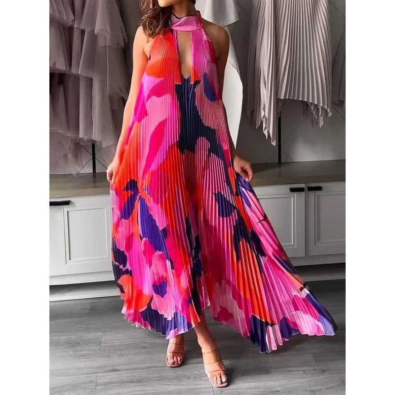 Pleated maxi dress for women with a chic halter neck design