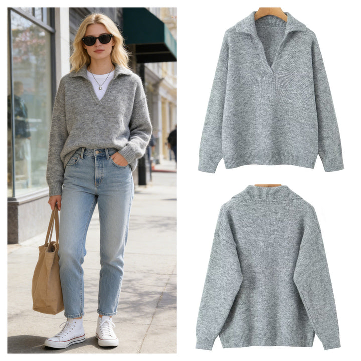 Pull-over tricot décontracté pour femmes avec col montant et col en V Chic & Stil