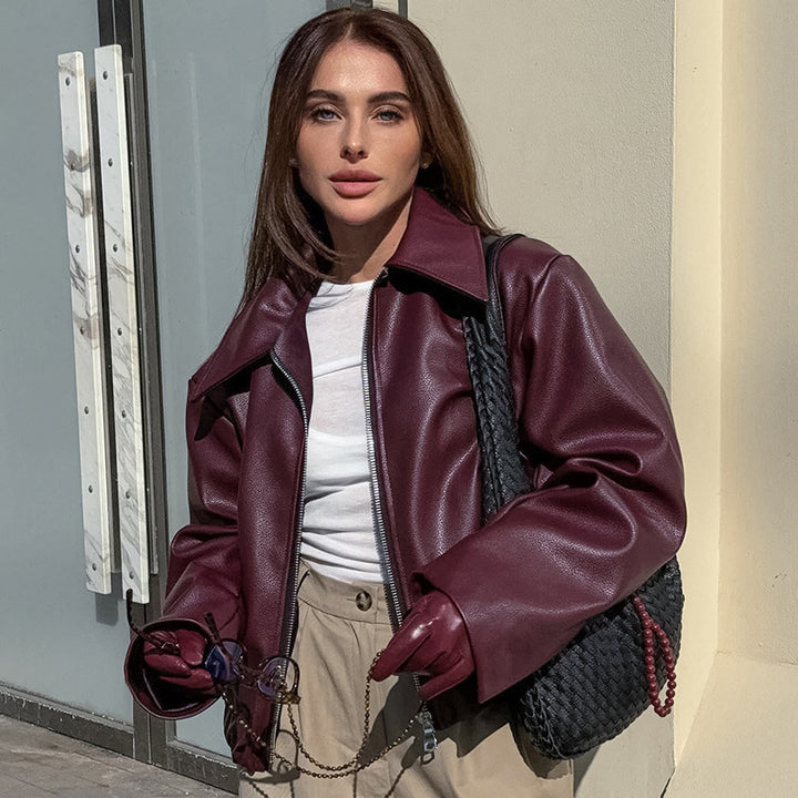 Urban style women’s faux leather jacket with high collar and practical pockets Lune London