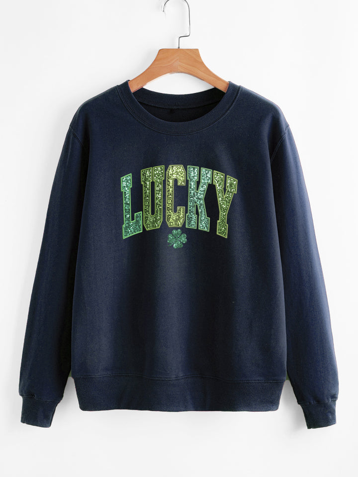 Sweatshirt décontracté pour femmes avec lettrage étincelant et motif de trèfle Chic & Stil