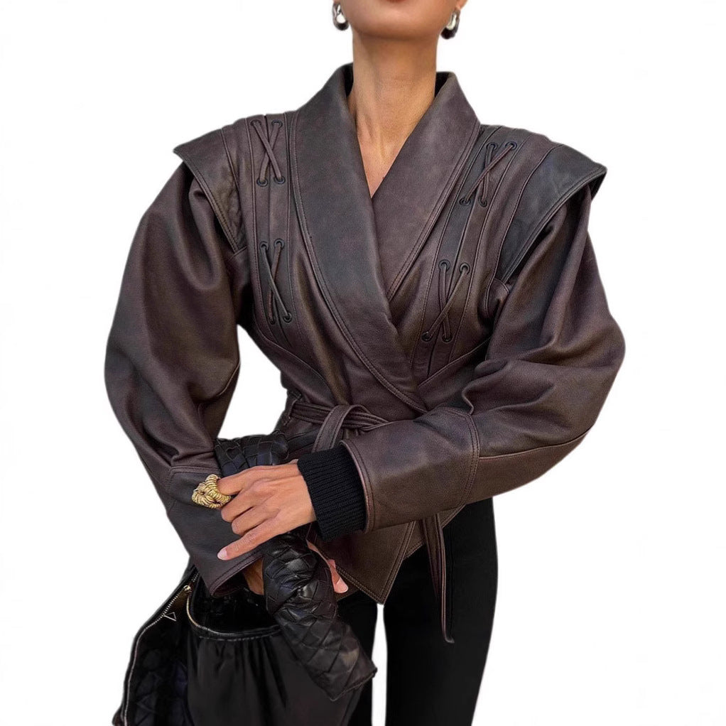 Designer leather blazer for women with belt and decorative lace details Lune London