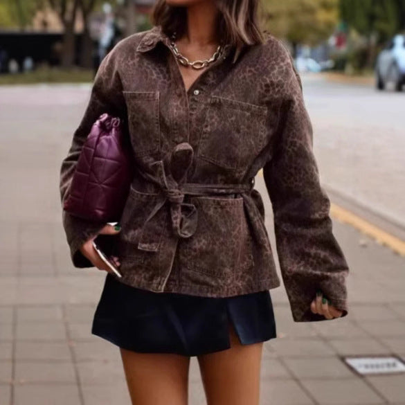 Shirt jacket for women in leopard print with waist belt Lune London
