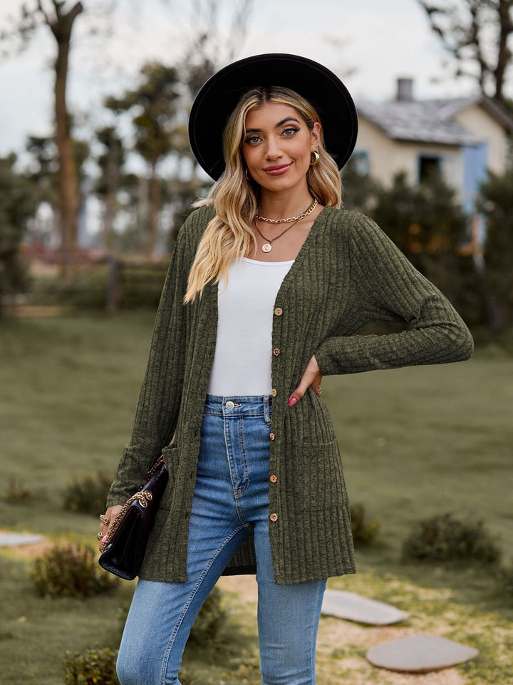 Women’s casual knit cardigan with button details and practical pockets Lune London
