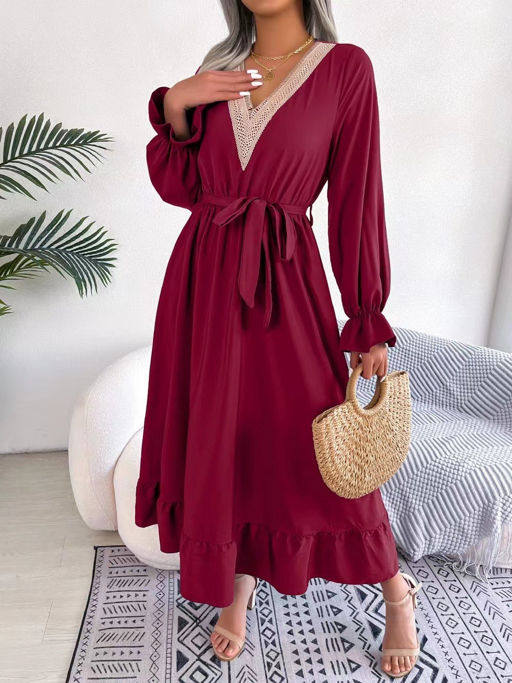 Ladies Elegant V-neck Maxi Dress with Ruffled Hem Lune London