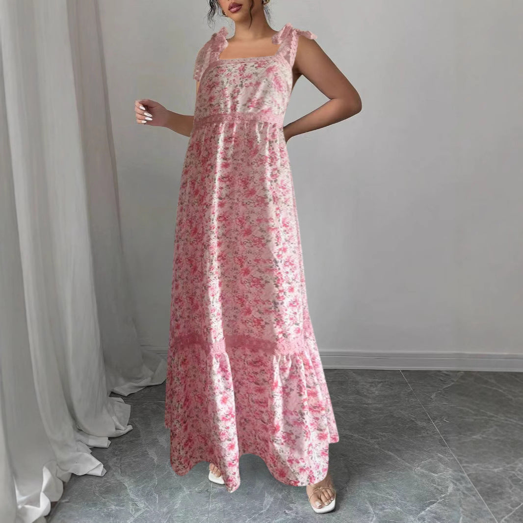 Maxi dress for women with floral patterns and playful lace insert Lune London